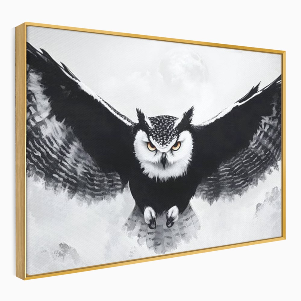 Tablou canvas cu tablou canvas cu bufnita in zbor, in rama de aluminiu auriu